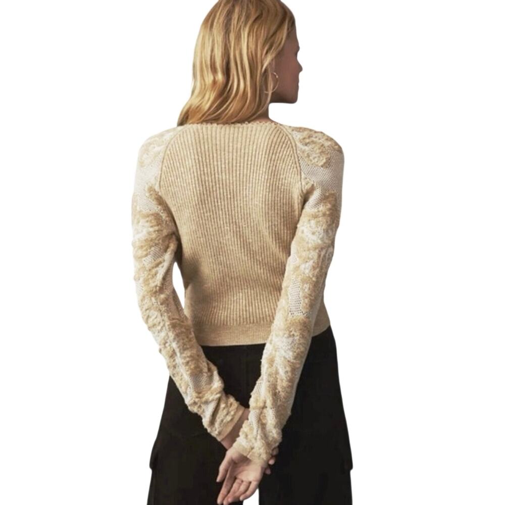 ANTHROPOLOGIE Women’s Tan Surplice Burnout Lace Sweater Knit Top - Picture 3 of 7